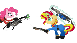 Size: 4672x2632 | Tagged: safe, artist:fj23pk, imported from derpibooru, pinkie pie, sunset shimmer, earth pony, pony, unicorn, backburner, degreaser, female, fiery shimmer, glowing horn, gun, pyro, reserve shooter, simple background, team fortress 2, transparent background, weapon