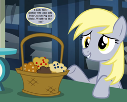 Size: 810x648 | Tagged: safe, edit, edited screencap, imported from derpibooru, screencap, derpy hooves, slice of life (episode), basket, bronybait, cropped, cute, derpabetes, implied crackle pop, implied dinky, muffin, post office, scale, speech bubble, text, that pony sure does love muffins