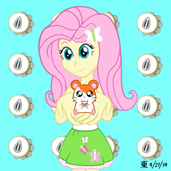 Size: 1000x1000 | Tagged: safe, artist:jazzytyfighter, imported from derpibooru, fluttershy, equestria girls, clothes, crossover, female, hamtaro, looking at you, skirt