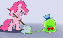 Size: 1000x600 | Tagged: safe, artist:empyu, imported from derpibooru, pinkie pie, smooze, earth pony, pony, bipedal, broom, duo, female, hat, mare, mop, top hat