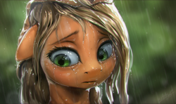 Size: 1200x710 | Tagged: safe, artist:assasinmonkey, imported from derpibooru, applejack, earth pony, pony, crying, digital painting, female, floppy ears, mare, rain, realistic, sad, solo, wet mane