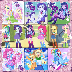 Size: 2048x2048 | Tagged: safe, artist:uotapo, edit, imported from derpibooru, angel bunny, applejack, fluttershy, pinkie pie, rainbow dash, rarity, spike, twilight sparkle, alicorn, dog, dragon, pony, rabbit, equestria girls, angel, animal costume, anime style, awesome, back to back, backpack, blushing, boots, bunny costume, cherry blossoms, clothes, confetti, costume, cute, dashabetes, doggy dragondox, eqg promo pose set, female, flower, flower blossom, hat, high heel boots, human ponidox, humane five, humane six, logo, looking at you, male, mane seven, mane six, my little pony, my little pony logo, party hat, self paradox, self ponidox, shipping, shoes, shyabetes, skirt, socks, sparity, spike the dog, spread wings, square crossover, straight, twilight sparkle (alicorn), uotapo is trying to murder us, wings