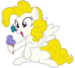 Size: 3500x3200 | Tagged: safe, alternate version, artist:cheezedoodle96, imported from derpibooru, surprise, butterfly, pegasus, pony, .svg available, butterfly on nose, eye contact, female, food, hoof hold, ice cream, ice cream cone, insect on nose, looking at each other, mare, silly, silly pony, simple background, sitting, smiling, svg, transparent background, vector