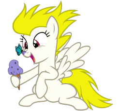 Size: 3500x3200 | Tagged: safe, alternate version, artist:cheezedoodle96, imported from derpibooru, surprise, butterfly, pegasus, pony, .svg available, butterfly on nose, eye contact, female, food, hoof hold, ice cream, ice cream cone, insect on nose, looking at each other, mare, silly, silly pony, simple background, sitting, smiling, svg, transparent background, vector