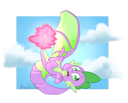 Size: 1282x1037 | Tagged: safe, artist:haybro-12, imported from derpibooru, spike, dragon, cloud, flying, implied twilight sparkle, magic, male, simple background, solo, telekinesis, transparent background, winged spike, wings