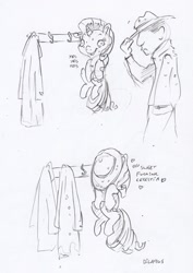 Size: 1523x2150 | Tagged: safe, artist:dilarus, deleted from derpibooru, imported from derpibooru, rarity, human, pony, unicorn, clothes, clothes hanger, coat, dialogue, duo, female, grayscale, hanging, hat, heart, mare, monochrome, not salmon, signature, simple background, traditional art, trenchcoat, vulgar, wat, white background