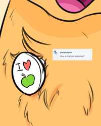 Size: 1200x1500 | Tagged: safe, artist:heir-of-rick, imported from derpibooru, applejack, earth pony, pony, apple, ask, button, chest fluff, close-up, female, food, mare, open mouth, solo, that pony sure does love apples, tumblr