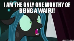 Size: 600x337 | Tagged: safe, edit, edited screencap, imported from derpibooru, screencap, queen chrysalis, changeling, changeling queen, the mean 6, female, image macro, meme, memeful.com, solo, waifu