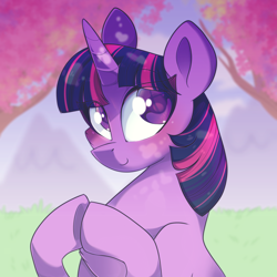 Size: 1024x1024 | Tagged: safe, artist:slushshe, imported from derpibooru, twilight sparkle, blushing, female, looking at you, mare, tree