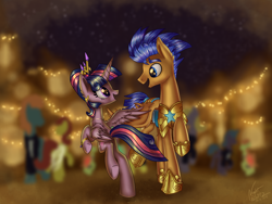 Size: 3072x2304 | Tagged: safe, artist:nightpaint12, imported from derpibooru, flash sentry, twilight sparkle, alicorn, armor, dancing, female, flashlight, male, shipping, smiling, straight, twilight sparkle (alicorn)