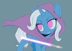 Size: 1024x725 | Tagged: safe, artist:grissaecrim, artist:raikoh, imported from derpibooru, trixie, pony, unicorn, cape, clothes, female, lightsaber, mare, simple background, solo, star wars, weapon