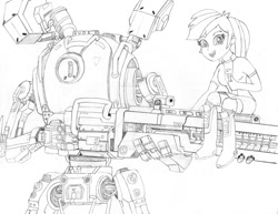 Size: 1024x791 | Tagged: safe, artist:drcool13, imported from derpibooru, rainbow dash, robot, equestria girls, bad anatomy, monochrome, railgun, simple background, thumbs up, titanfall, titanfall 2, traditional art, watermark, white background