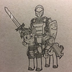 Size: 1280x1280 | Tagged: safe, artist:greyscaleart, imported from derpibooru, oc, human, :), armor, humans riding ponies, monochrome, riding, smiley face, sword, traditional art, weapon