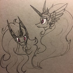 Size: 1280x1280 | Tagged: safe, artist:greyscaleart, imported from derpibooru, princess celestia, alicorn, pony, bust, female, frown, head, helmet, lineart, long mane, looking at you, mare, messy mane, profile, solo, traditional art, wide eyes, wing ears