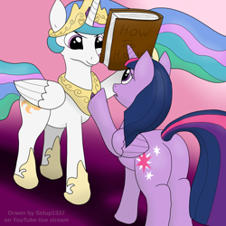 Size: 4096x4096 | Tagged: safe, artist:setup1337, imported from derpibooru, princess celestia, twilight sparkle, alicorn, pony, absurd resolution, book, butt, duo, frown, looking at each other, plot, raised hoof, trollestia, twilight sparkle (alicorn)