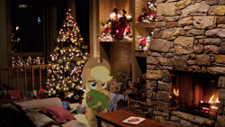 Size: 3840x2160 | Tagged: artist needed, safe, edit, imported from derpibooru, applejack, christmas, christmas lights, christmas stocking, christmas tree, female, fireplace, hearth's warming eve, holiday, irl, photo, photoshop, tree