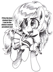 Size: 882x1200 | Tagged: safe, artist:lockhe4rt, imported from derpibooru, oc, oc only, oc:filly anon, pony, bipedal, blushing, clothes, dialogue, ear fluff, female, filly, grayscale, looking back, misspelling, monochrome, open mouth, school uniform, schoolgirl, simple background, sketch, smiling, vulgar, white background