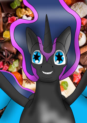 Size: 540x761 | Tagged: safe, artist:askthemoonfamily, imported from derpibooru, oc, oc only, oc:moonlight, alicorn, bat pony, bat pony alicorn, pony, alicorn oc, askmoonfamily, solo, spread wings, starry eyes, wingding eyes, wings