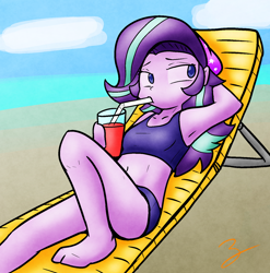 Size: 1468x1486 | Tagged: safe, artist:zutcha, imported from derpibooru, starlight glimmer, equestria girls, arm behind head, armpits, barefoot, beach, beach chair, beanie, belly button, chair, clothes, drink, drinking, drinking straw, feet, female, hat, reclining, solo, straw, swimsuit, two-piece swimsuit