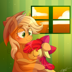 Size: 1500x1500 | Tagged: safe, artist:dddreamdraw, imported from derpibooru, apple bloom, applejack, earth pony, pony, blushing, cute, duo, embrace, eyes closed, family, female, floppy ears, hand on head, hug, indoors, lidded eyes, pleased, satisfied, sisters, smiling