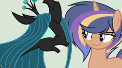 Size: 1200x668 | Tagged: safe, artist:roseloverofpastels, imported from derpibooru, queen chrysalis, oc, oc:true bug, pony, unicorn, base used, digital art, female, mare, simple background