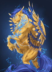 Size: 1500x2100 | Tagged: safe, artist:makkah, artist:rossignolet, imported from derpibooru, flash sentry, pegasus, pony, awesome, buff, electricity, epic, flash hunktry, flex sentry, glowing tattoos, handsome, male, muscles, simple background, solo, stallion, storm, torn ear