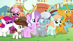 Size: 1920x1080 | Tagged: safe, imported from derpibooru, screencap, cheerilee, diamond tiara, little red, peach fuzz, pipsqueak, silver spoon, snails, snips, pony, crusaders of the lost mark, amazed, colt, female, filly, glasses, grass, happy, male, playground, smiling