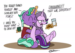 Size: 2384x1694 | Tagged: safe, artist:bobthedalek, imported from derpibooru, firelight, starlight glimmer, pony, unicorn, the parent map, uncommon bond, blanket, clothes, cookie, crossing the memes, dialogue, father and daughter, fathers gonna father, female, food, headscarf, hug, magic, male, meme, milk, scarf, starlight glimmer is not amused, starlight is not amused, unamused