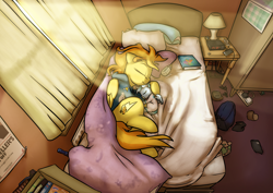 Size: 1920x1362 | Tagged: safe, artist:captainhoers, imported from derpibooru, spitfire, oc, oc:concorde, pony, firestarter spitfire, baby, baby pony, bed, book, clock radio, crepuscular rays, cuddling, cute, daaaaaaaaaaaw, female, filly, foal, morning, mother and daughter, offspring, onesie, pacifier, parent:soarin', parent:spitfire, parents:soarinfire, sleeping