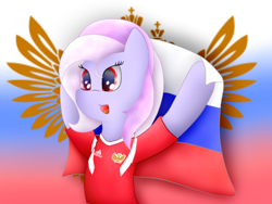 Size: 1000x750 | Tagged: safe, artist:berryveloce, imported from derpibooru, oc, oc only, earth pony, pony, clothes, female, football, mare, russia, shirt, solo, sports, t-shirt, world cup