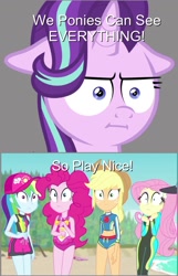 Size: 934x1451 | Tagged: safe, artist:huntercwalls safe, edit, edited screencap, imported from derpibooru, screencap, applejack, fluttershy, pinkie pie, rainbow dash, starlight glimmer, equestria girls, equestria girls series, marks for effort, beach, clothes, floppy ears, i mean i see, meme, scared, seaside, shocked, swimsuit, toy story