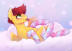 Size: 3508x2480 | Tagged: safe, artist:dino_horse, imported from derpibooru, oc, oc only, oc:krafty kitsune, pegasus, pony, blushing, clothes, cloud, cute, femboy, male, present, socks, solo, stallion, striped socks, tongue out