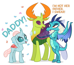 Size: 1000x875 | Tagged: safe, artist:dm29, imported from derpibooru, ocellus, princess ember, thorax, changedling, changeling, dragon, confetti, crossed arms, dragoness, father's day, female, implied embrax, implied father and daughter, king thorax, male, papa thorax, simple background, transparent background, trio, trocellus