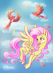 Size: 1191x1648 | Tagged: safe, artist:eternalsubscriber, imported from derpibooru, fluttershy, bird, pegasus, pony, cloud, cute, feather, female, flying, head turn, mare, shyabetes, sky, smiling, spread wings, turned head, wings