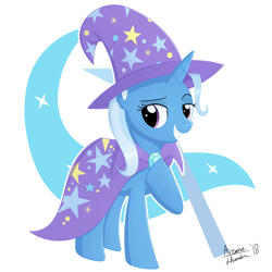 Size: 3000x3000 | Tagged: safe, artist:arcane-thunder, imported from derpibooru, trixie, pony, unicorn, cape, clothes, cutie mark, digital art, female, hat, high res, looking at you, mare, signature, simple background, smiling, solo, trixie's cape, trixie's hat, white background