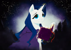 Size: 2480x1748 | Tagged: safe, artist:alicebluefeather, imported from derpibooru, oc, oc only, pony, unicorn, book, cape, clothes, dark, female, glowing horn, looking up, magic, sky, solo, stars