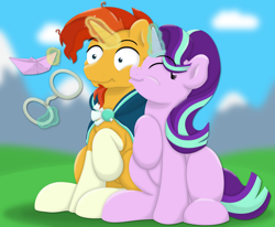 Size: 2462x2031 | Tagged: safe, artist:ljdamz1119, imported from derpibooru, starlight glimmer, sunburst, pony, unicorn, cheek kiss, couple, cuddling, embarrassed, eyes closed, female, glasses, glowing horn, kiss on the cheek, kissing, magic, male, origami, raised hoof, shipping, sitting, smiling, starburst, straight, telekinesis