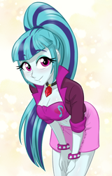 Size: 550x860 | Tagged: safe, artist:ta-na, imported from derpibooru, sonata dusk, equestria girls, rainbow rocks, belly button, breasts, busty sonata dusk, cleavage, clothes, cute, female, gem, looking at you, midriff, moe, ponytail, simple background, siren gem, skirt, smiling, solo, sonatabetes, white background