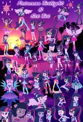 Size: 3900x5700 | Tagged: safe, artist:huntercwalls, imported from derpibooru, sci-twi, twilight sparkle, dance magic, equestria girls, equestria girls (movie), equestria girls series, forgotten friendship, friendship games, legend of everfree, rainbow rocks, spoiler:eqg specials, beach, boots, camp everfree outfits, clothes, converse, counterparts, crystal gala dress, crystal guardian, crystal prep academy uniform, crystal wings, dress, fall formal outfits, high heel boots, multeity, ponied up, poster, school uniform, scitwilicorn, shoes, sparkle sparkle sparkle, sunset, swimsuit, twilight sparkle (alicorn), twilight's cutie mark, twolight