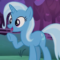 Size: 625x625 | Tagged: safe, imported from derpibooru, screencap, trixie, pony, unicorn, uncommon bond, cropped, cute, diatrixes, female, mare, open mouth, raised hoof, smiling, solo