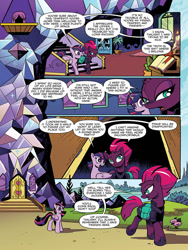 Size: 768x1024 | Tagged: safe, artist:andypriceart, idw, imported from derpibooru, tempest shadow, twilight sparkle, alicorn, pony, unicorn, spoiler:comic, spoiler:comic67, broken horn, comic, crystal, duo, eye scar, female, mare, official comic, preview, scar, speech bubble, tempest's tale, twilight sparkle (alicorn), twilight's castle