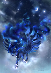 Size: 3000x4286 | Tagged: safe, artist:evanrank, imported from derpibooru, princess luna, alicorn, pony, ethereal mane, female, flying, moon, night, solo, spread wings, stars, wings