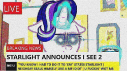 Size: 874x491 | Tagged: safe, edit, edited screencap, imported from derpibooru, screencap, chancellor neighsay, starlight glimmer, marks for effort, break your own news, breaking news, dank memes, deep fried meme, deep fried news, exploitable meme, glowing eyes, glowing eyes meme, i mean i see, meme, no u, u wot m8, vulgar