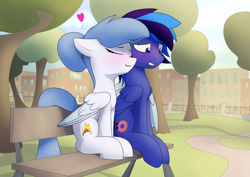 Size: 4093x2894 | Tagged: safe, artist:renderpoint, derpibooru exclusive, imported from derpibooru, oc, oc only, oc:mint streak, oc:night shadow, pegasus, pony, bench, blushing, cute, duo, eyes closed, female, happy, heart, love, male, mare, outdoors, park, shipping, sitting, smiling, snuggling, stallion, straight, tree