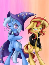 Size: 480x640 | Tagged: safe, artist:azurepicker, imported from derpibooru, sunset shimmer, trixie, semi-anthro, unicorn, belly button, cape, clothes, cutie mark, female, hat, jacket, leather jacket, one eye closed, trixie's cape, trixie's hat