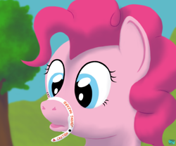 Size: 600x500 | Tagged: safe, artist:quint-t-w, imported from derpibooru, pinkie pie, pony, bound, bust, female, portrait, pun, solo