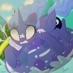 Size: 3500x3500 | Tagged: safe, artist:darkest-lunar-flower, imported from derpibooru, princess luna, alicorn, pony, cute, female, inflatable, lunabetes, s1 luna, sliding, solo, sunburn, sunscreen, swimming pool, water, water park, water slide, wet, wingding eyes, woona, younger