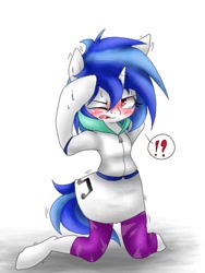 Size: 480x640 | Tagged: safe, artist:azurepicker, imported from derpibooru, dj pon-3, vinyl scratch, unicorn, equestria girls, blushing, clothes, equestria girls outfit, exclamation point, female, human to pony, interrobang, one eye closed, question mark, solo, transformation