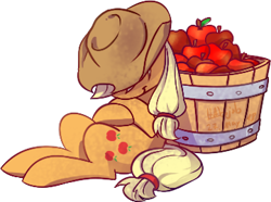 Size: 361x269 | Tagged: safe, artist:habijob, imported from derpibooru, applejack, earth pony, pony, apple, basket, cowboy hat, female, food, hat, mare, simple background, sleeping, solo, transparent background