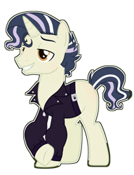 Size: 1509x1970 | Tagged: safe, artist:spectrumnightyt, imported from derpibooru, oc, oc only, oc:grease lightning, pony, unicorn, clothes, jacket, male, simple background, solo, stallion, transparent background